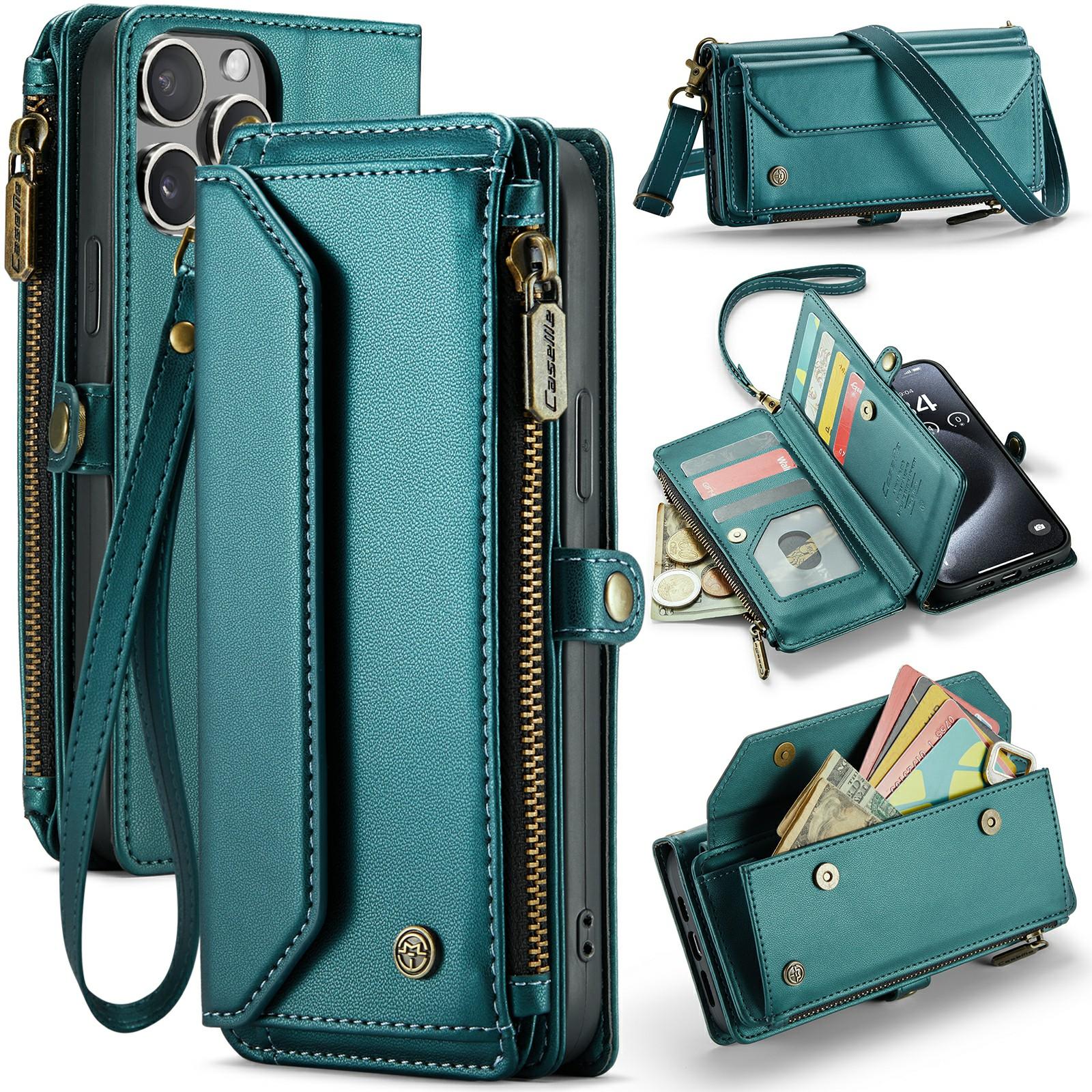 

For iPhone 16 Pro Max Leather Case CASEME C36 Zipper Multiple Card Slots Phone Cover with Straps Green
