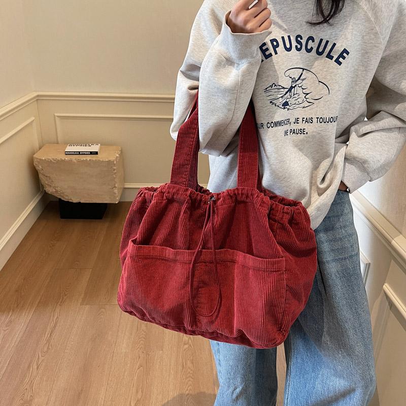 Women's Large Capacity Corduroy Handbag Drawstring Shoulder Bag Tote Bag