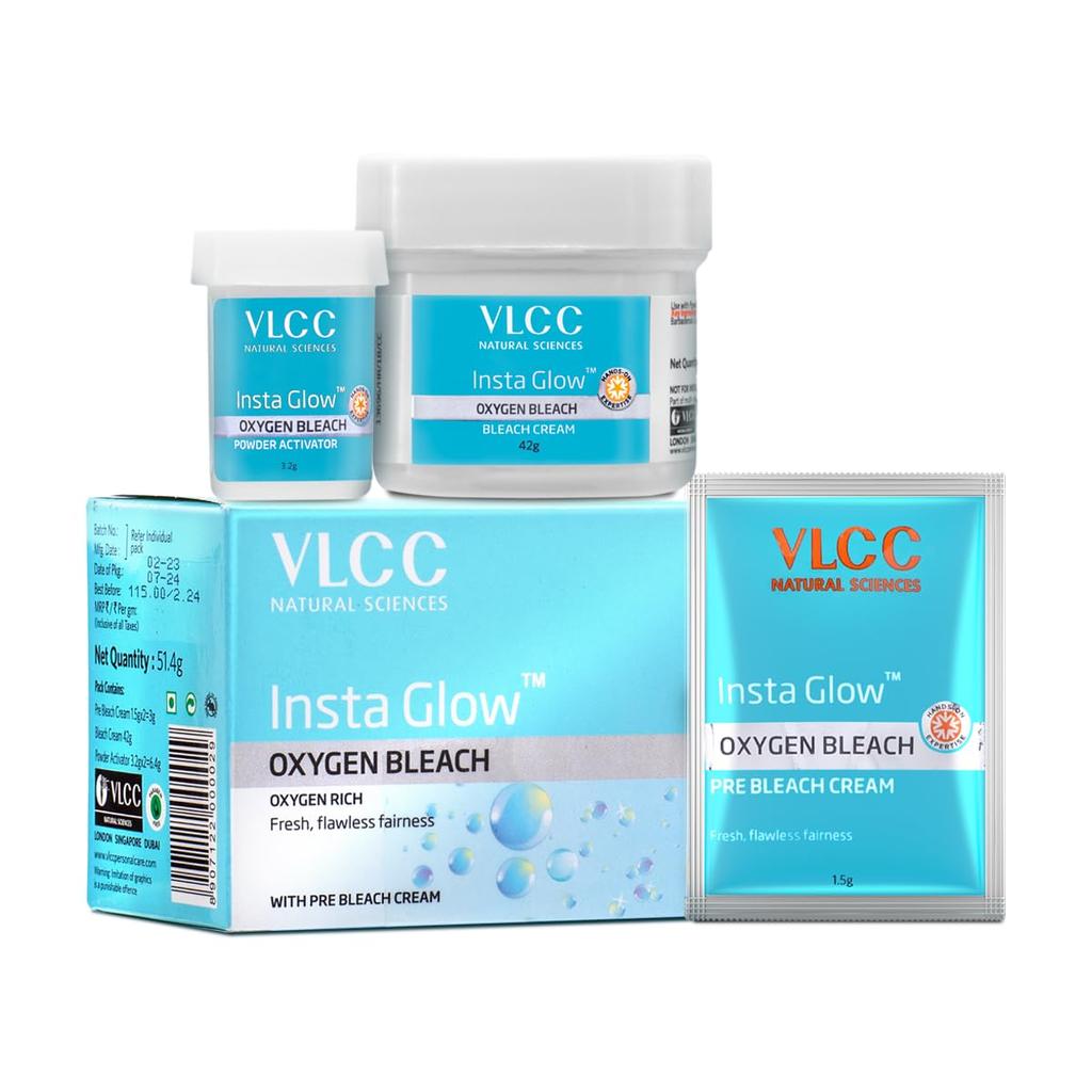 VLCC Insta Glow Oxygen Bleach 51g X 4 Pack | Brightens Skin, Reduces Facial Hair Visibility, Smooth Fair Complexion