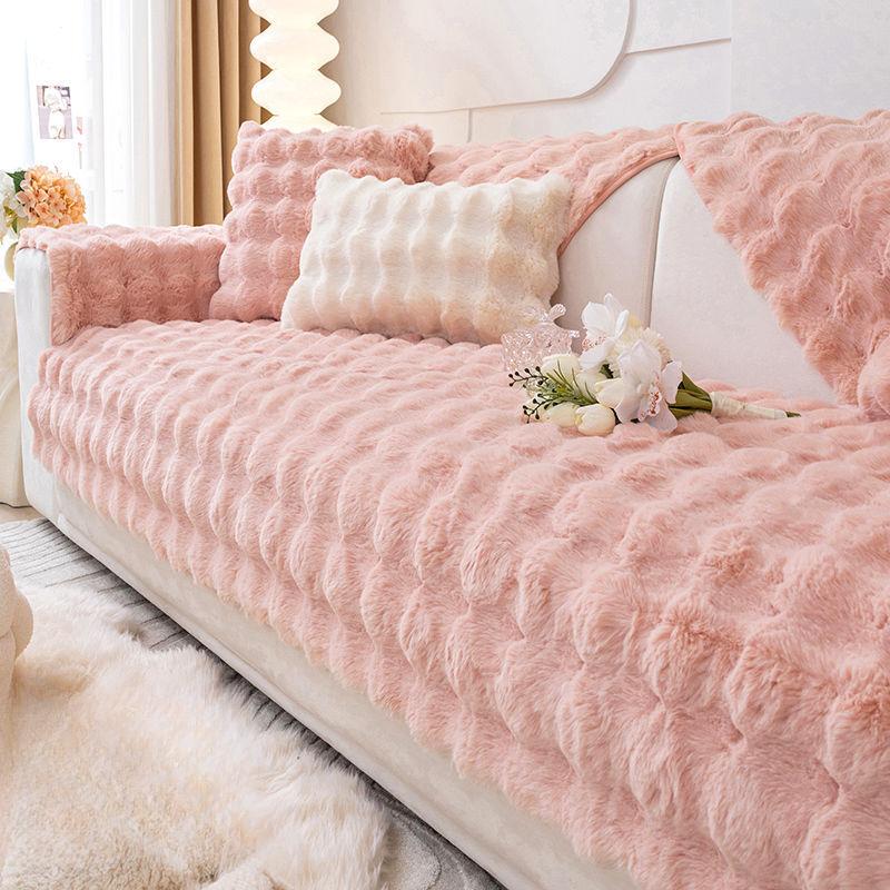 Rabbit Plush Sofa Cushion Winter Thickened Fleece Cushion Non-Slip Leather Sofa Cover Cover Cloth