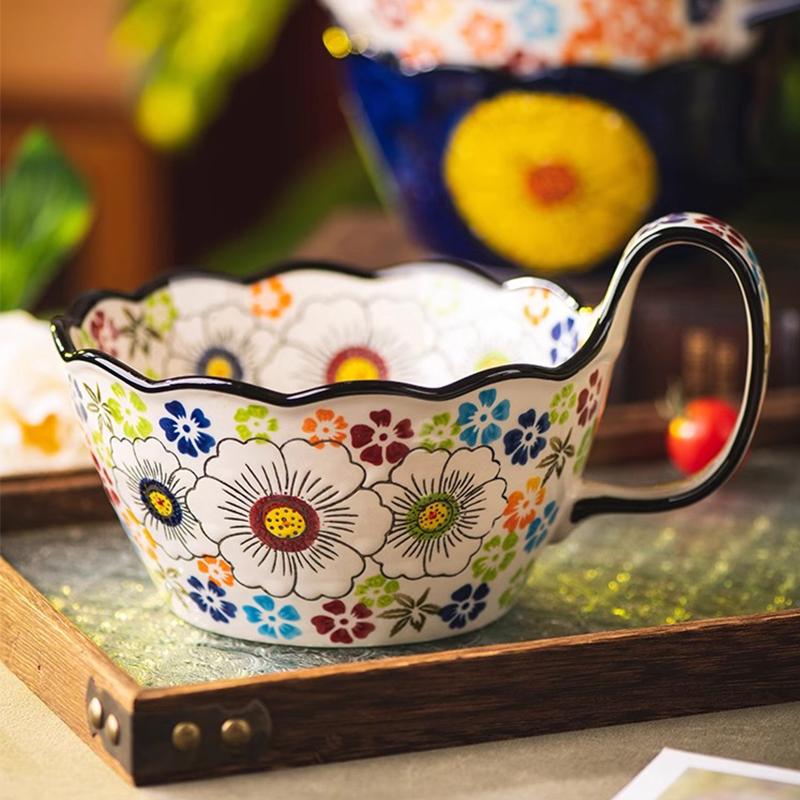 Hand Painted Japanese Handle Bowl New Ceramic Baking Bowl Instant Noodles Bowl Salad Bowl Household Tableware Baking Bowl Househ