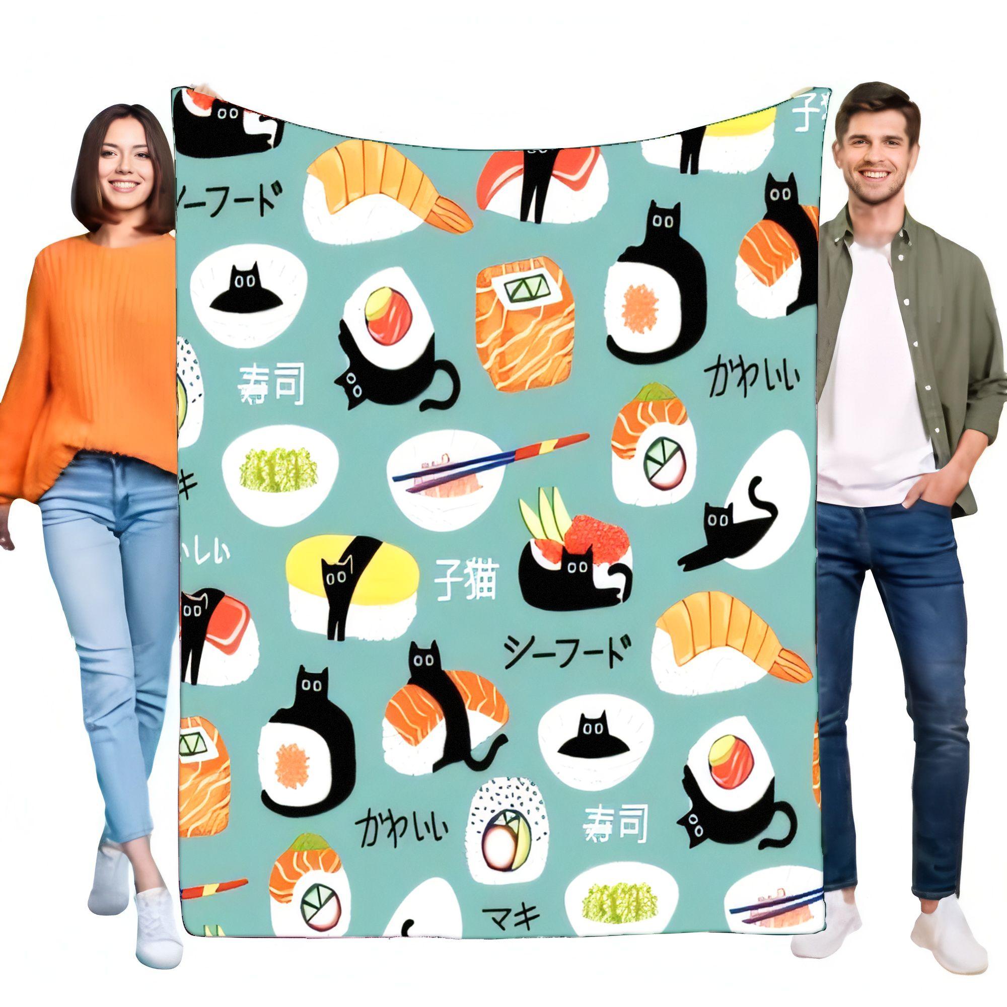 Cute Sushi Cats Blanket Colorful Soft Throw Lightweight with Black Cats in Sushi Theme Perfect for Sofa Bed Cozy Home Decor Gift 75X95CM