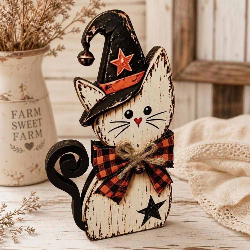 Rustic Witch Cat Decor Double Side Desktop Decoration Wooden Halloween Figurine Indoor Decor
