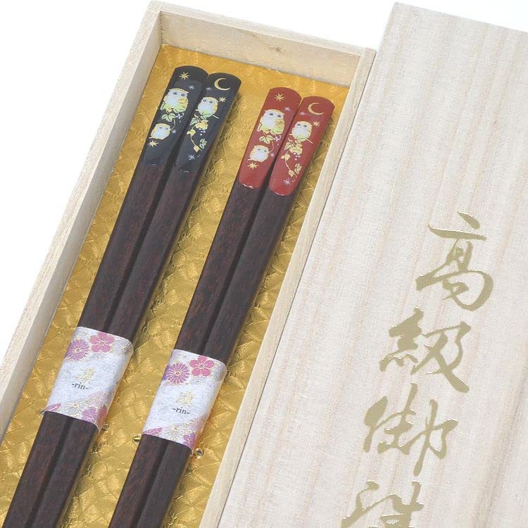 

Wakasa lacquered husband and wife Tenpo Golden domestic product box chopsticks, boxed, Owl, 23/21cm, set, (paulownia set)