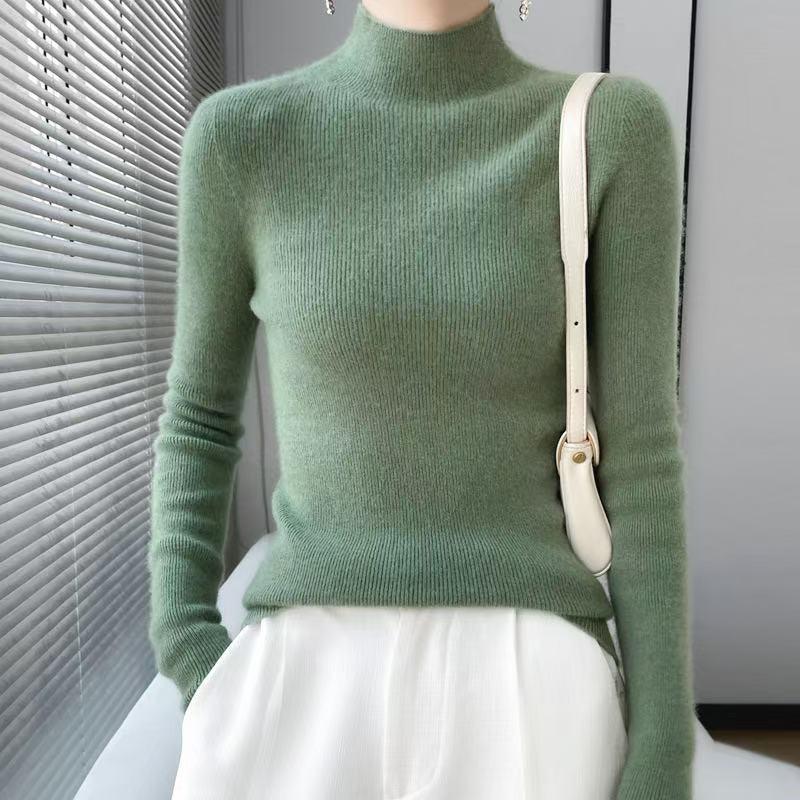 Women’s 2025 Autumn/Winter Pure Wool Sweater, Half-High Neck, Ribbed, Slim-Fit, Figure-Flattering with Cashmere Inner Layer
