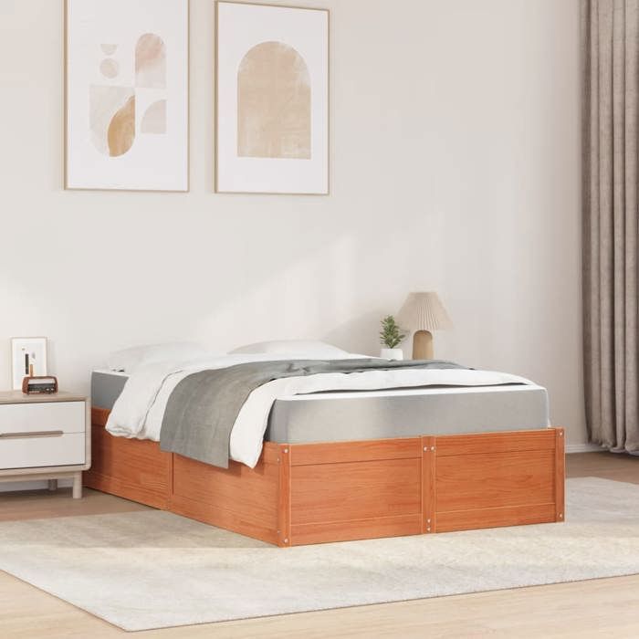 Bed Frame with Mattress - Maison Exclusive - Solid Pine Wood - 120x200 Cm - Brown Wax