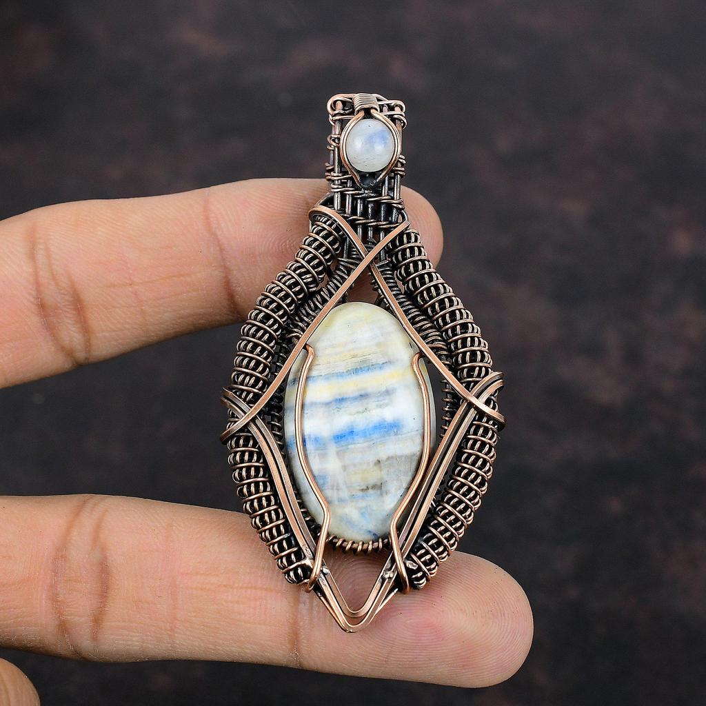 Blue Scheelite Pendant Copper Wire Wrapped Pendant Rainbow Moonstone Gemstone Pendant Handmade Copper Jewelry Anniversary Gift Healing Stone