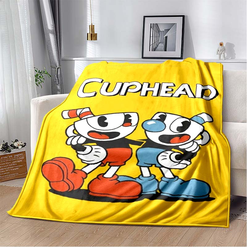 Cuphead & Mugman Flannel Blanket, Soft Throw with "Don't Deal With The Devil" Print, Cozy Bedding for Retro Game Fans