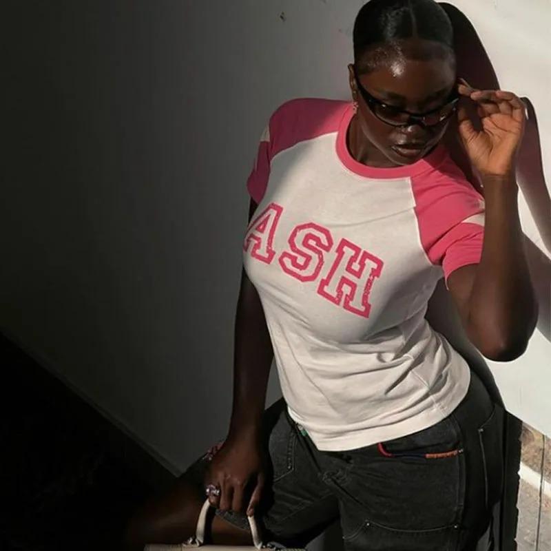 Y2K Summer Spicy Girl Rundhalspullover mit Stern- und Buchstabendruck, kontrastierende Kurzarm-T-Shirt mit offenem Nabel, europäisches und amerikanisches Damen-Top