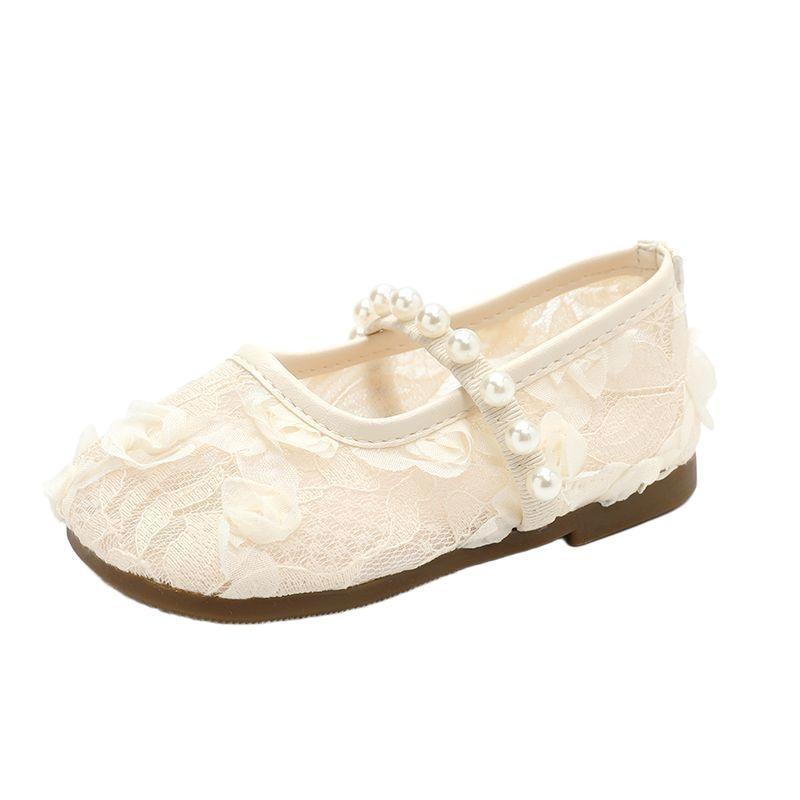 Girls flower petal small single shoes summer new children medium children sweet mesh pearl solid color mesh