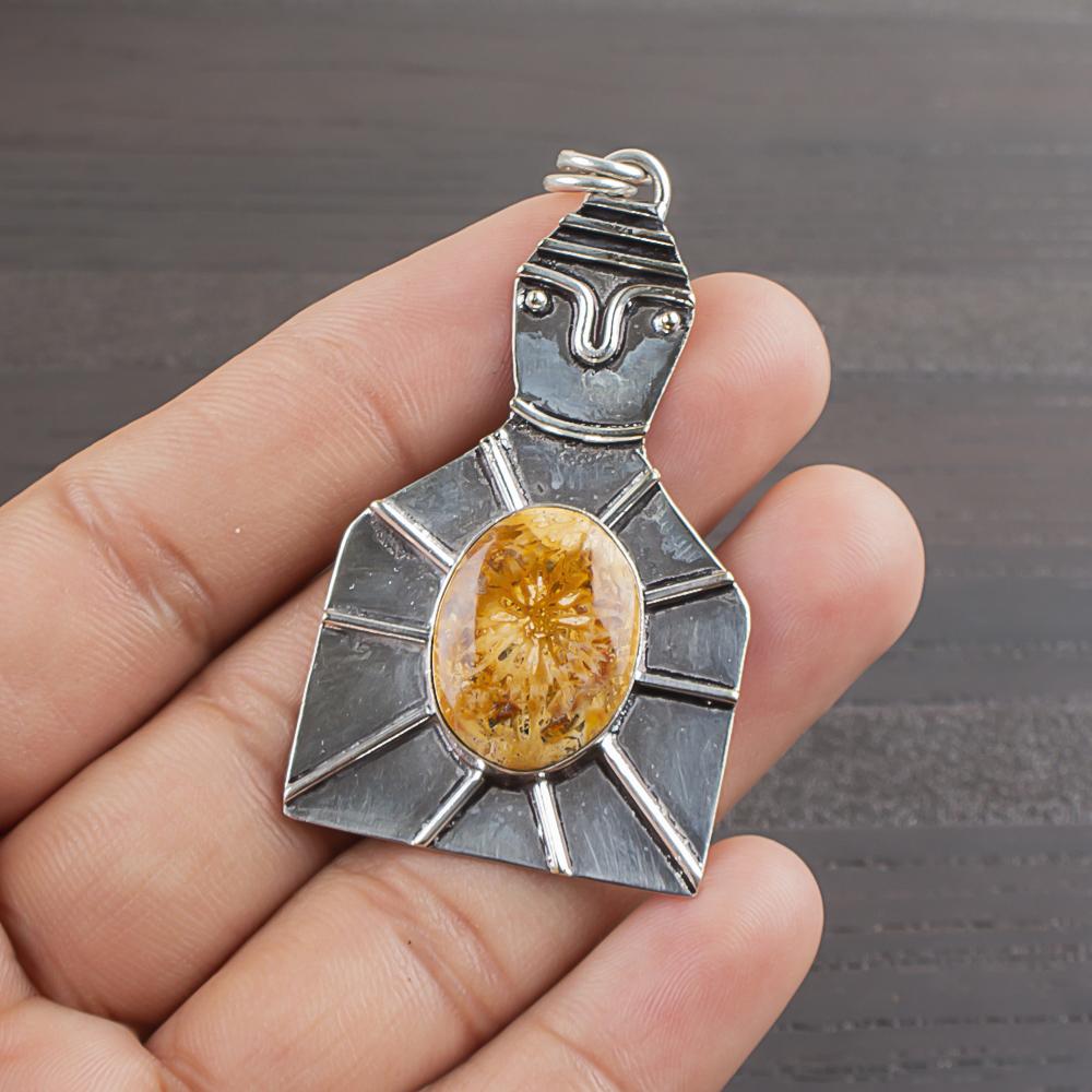 Натуральный Желтый Ископаемый Коралл Драгоценный Камень Ювелирное Изделие из Стерлингового Серебра 925 Пробы Подвеска 2.2  AJP-1968