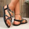 Böhmischer Stil Geflochtener Riemen Flache Sandalen für Damen Bedruckte Überkreuzband Römersandalen Frau Sommer Zehensteg Strand Sandalias Mujer