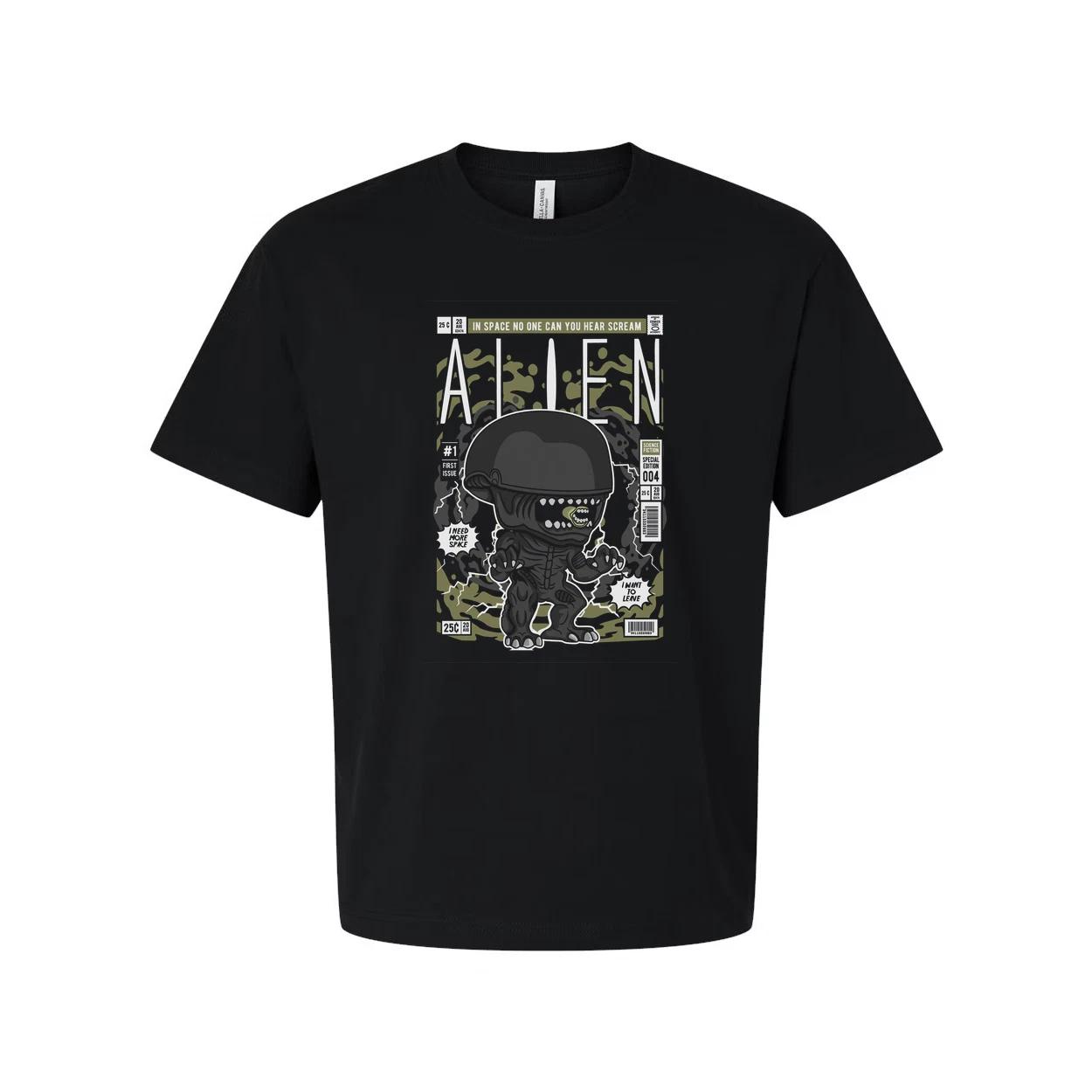 

Alien Helmeted Creature Graphic Unisex T Shirt With Futuristic Space Scene Artwo S