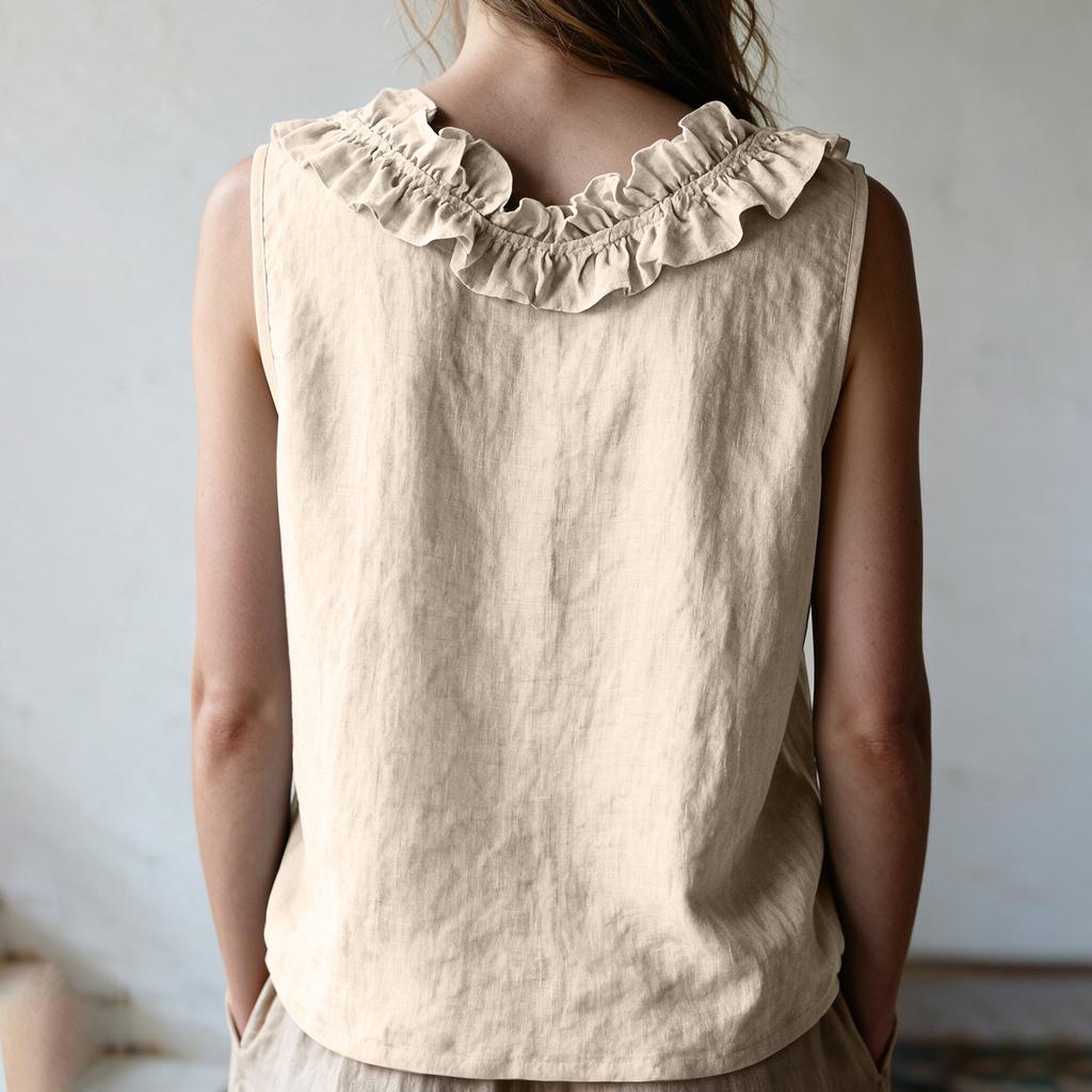 Women's Sleeveless V-Neck Ruffle Trim Blouse Casual Color Top for Summer