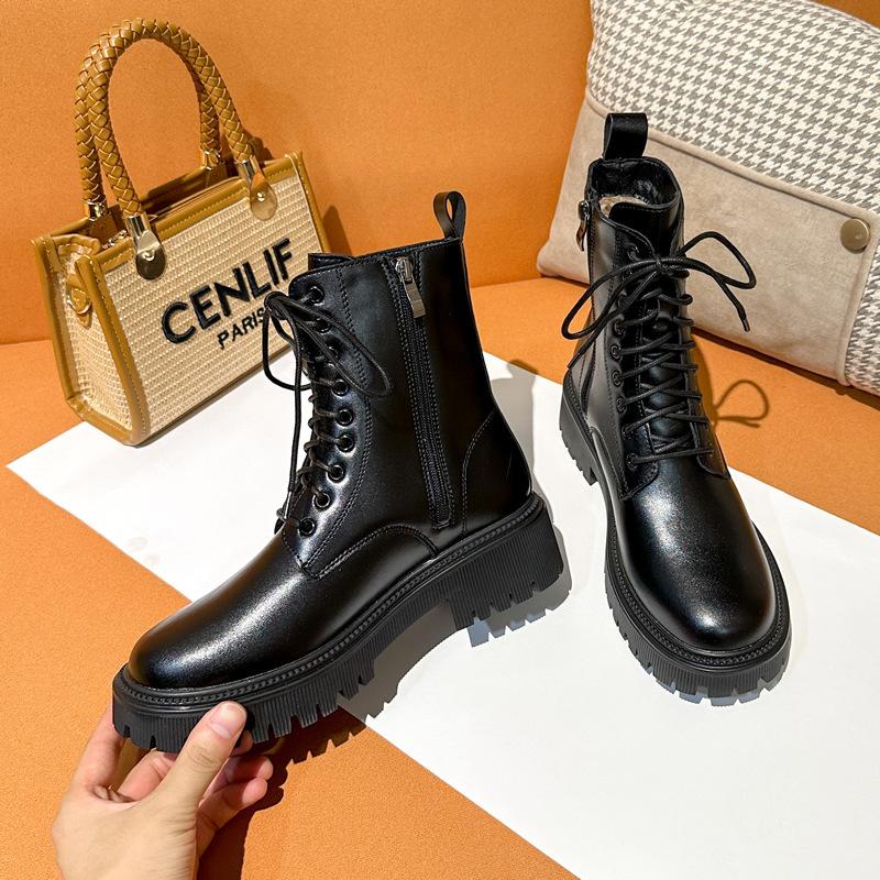 New Chelsea Short Boots Women's British Short Single Boots Round Martin Boots Heightened Thick-soled Cigarette Boots