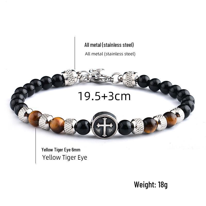 Men's 6mm Tiger Eye Beaded Bracelet with Stainless Steel Cross