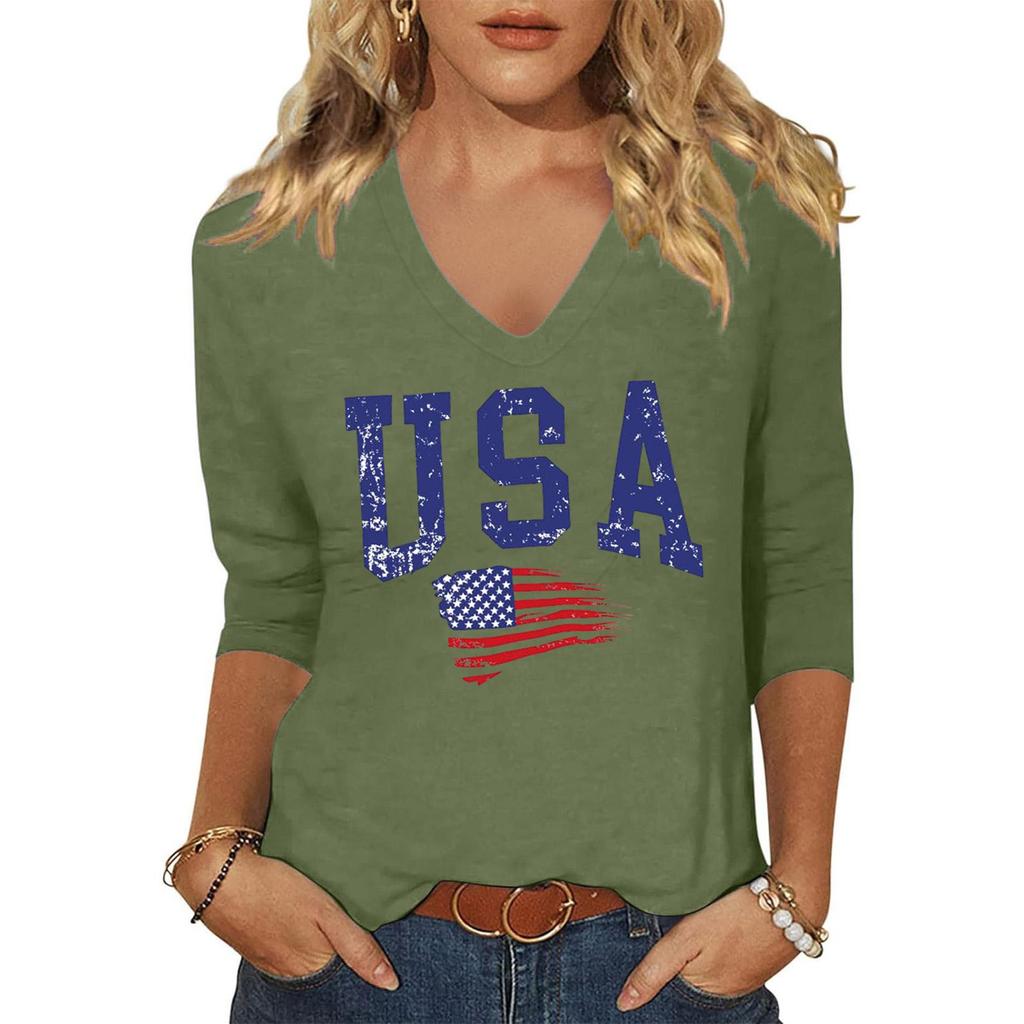 Women Casual V Neck Long Sleeve Top USA Letter Print Lightweight Loose Fit Pullover Shirt for Everyday Wear and Holiday Events