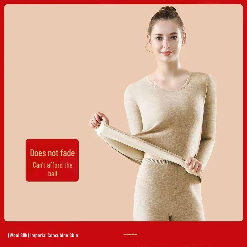 Women's Benming Year Red Seamless Wool Silk Underwear Set - Medium Thickness, Fleece-Lined Round Neck Base Layer