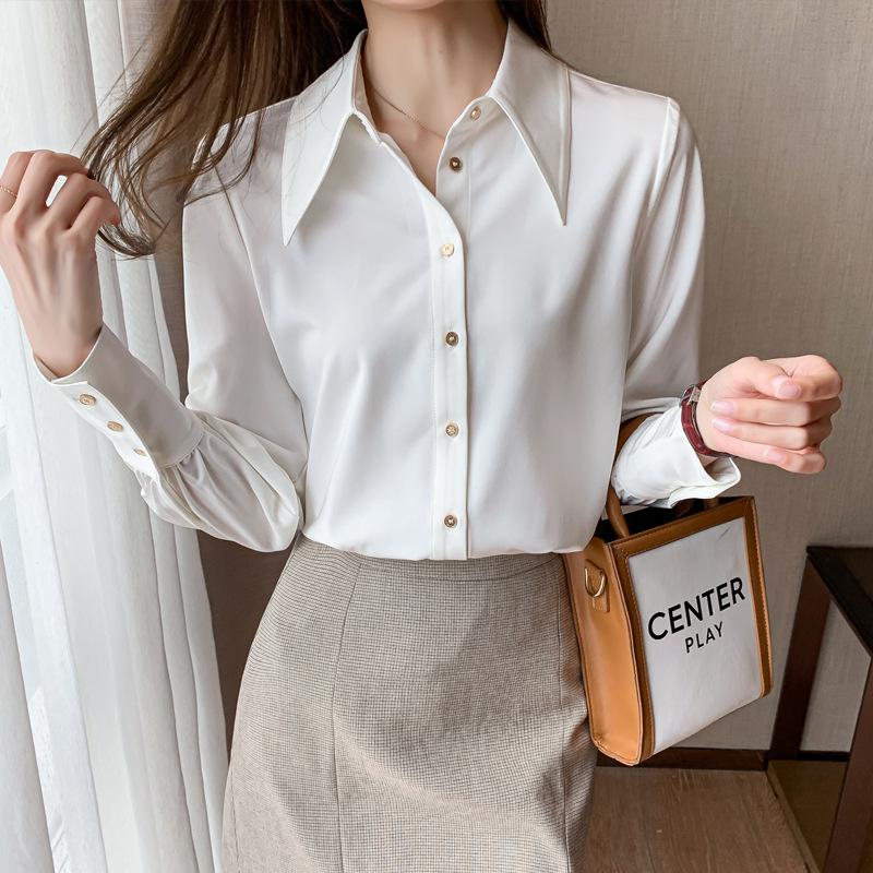 2025 Satin White Chic Metallic Textured Chiffon Shirt: In-Stock Fashionable Commuter Design