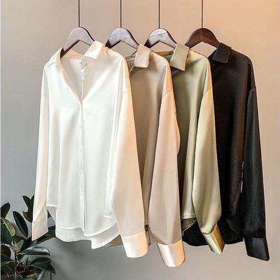 Damen Langarm Satinhemd - 2025 Retro Drapey Oberteil, Vielseitiger Hong Kong Stil für Frühling & Herbst