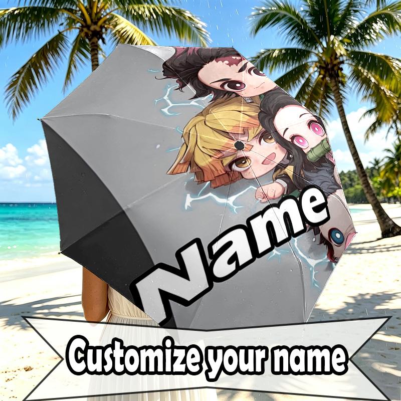 Custom Name Personalized Demon Slayer Print Umbrella, Auto Open Close, 8‑Rib Sturdy Frame, Commute Camping Hiking Use, Birthday Gift