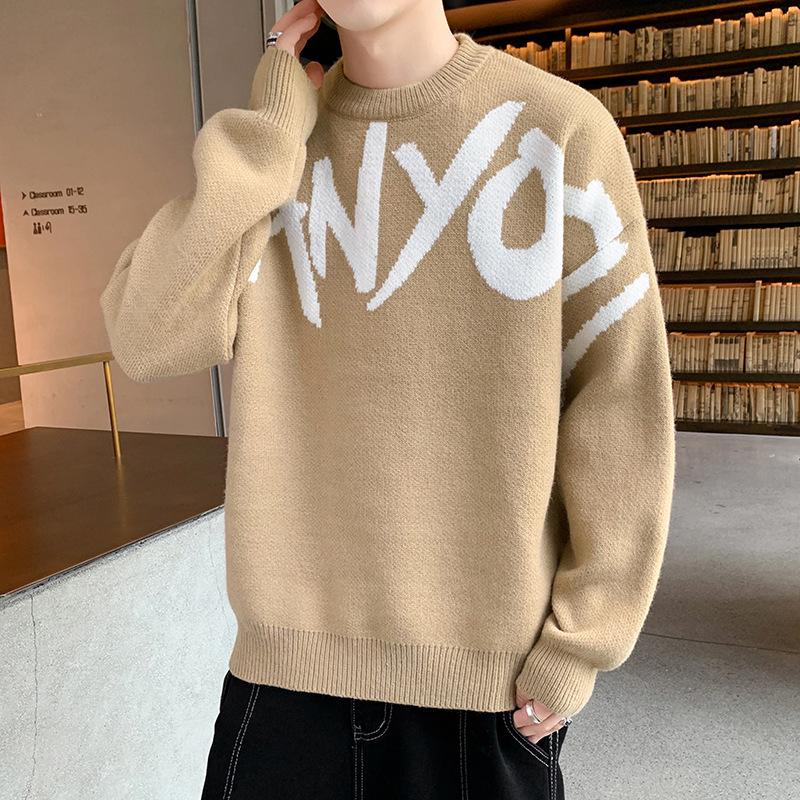 Japanischer Retro-Buchstaben-Jacquard-Strickpullover für Herren, Herbst, Trendmarke I Lockerer Rundhals, lässige warme Strickjacke