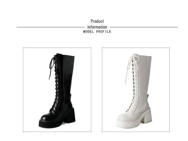 Women's White Lace-Up High-Heeled Martin Boots - British Style, Round-Toe, Thick-Soled, Side-Zip Knight Boots