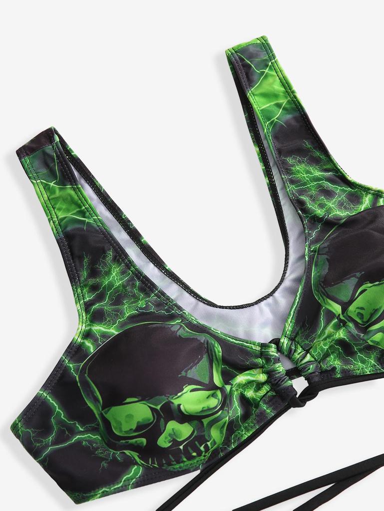 Rosegal Gothic Skulls Lightning Ombre Graphic Print Crisscross Strappy High Cut Bikini Set