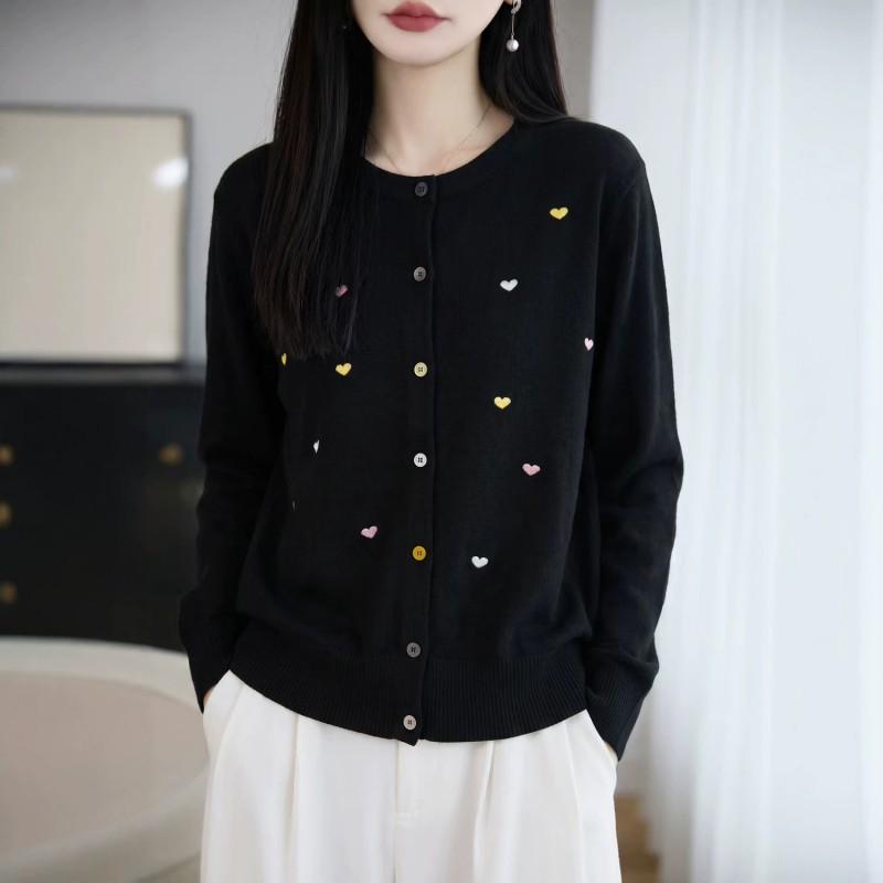 Womens Lightweight Wool Blend Knit Cardigan Sweater Loose Fit Round Neck Colorblock Heart Button Front Fall Winter 2026