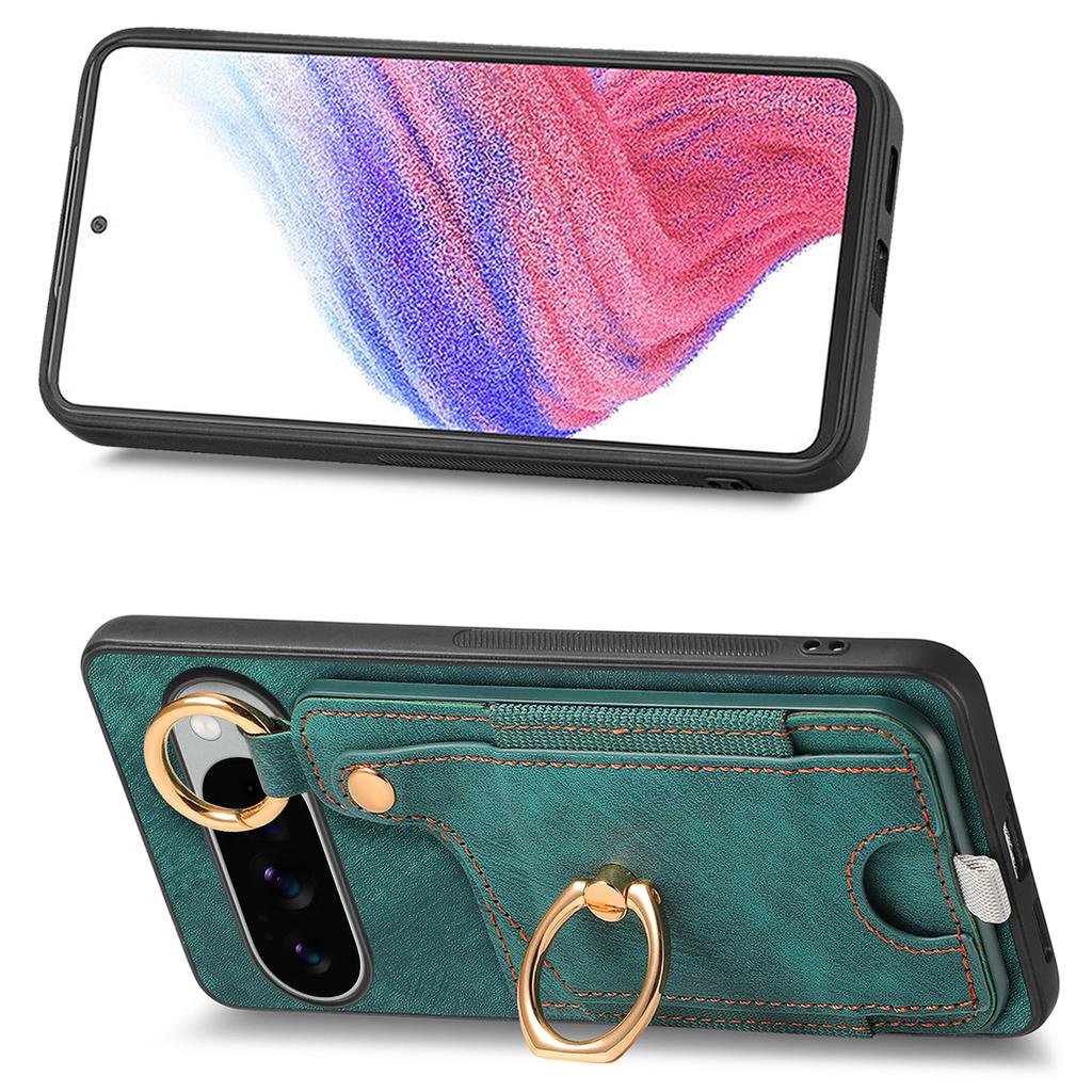 Dla Google Pixel 10 Pro XL Pokrowiec na tył telefonu z retro skóry z przegródkami na karty i uchwytem pierścieniowym