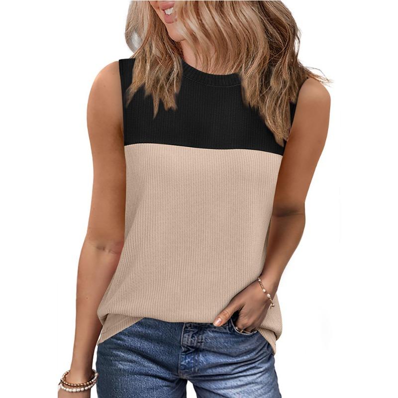 Summer Round Neck Color Blocked Sleeveless Top Short Sleeved Vest for Women Vests
