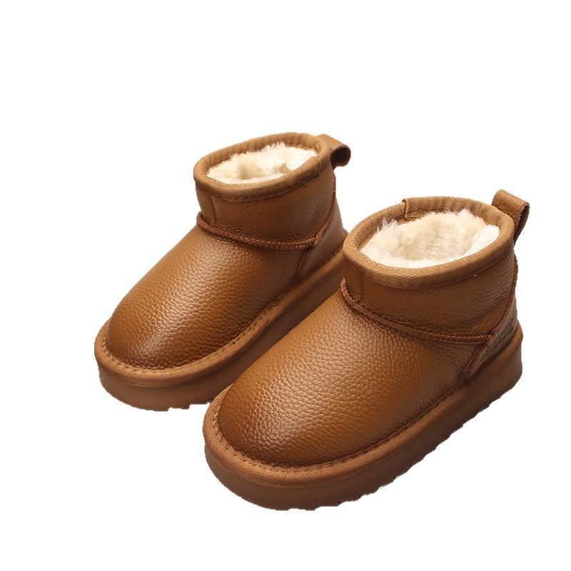 2025 Winter Genuine Leather Kids' Fleece-Lined Snow Boots - Warm, Thickened Short Boots for Boys and Girls