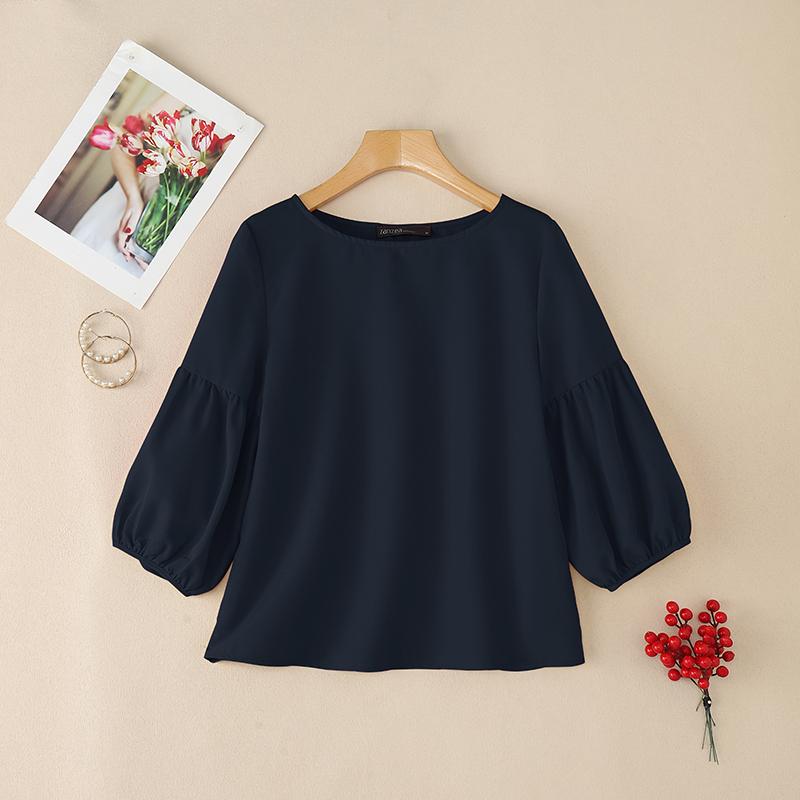 ZANZEA Women Summer Round Neck Loose 3/4 Sleeve Plain Blouse