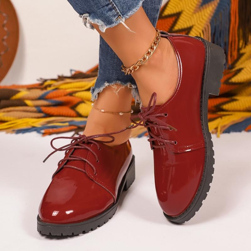 Lace-up Low Heel Loafers Spring and Autumn New Patent Leather Waterproof Soft Slip Non-slip Block Heel Single