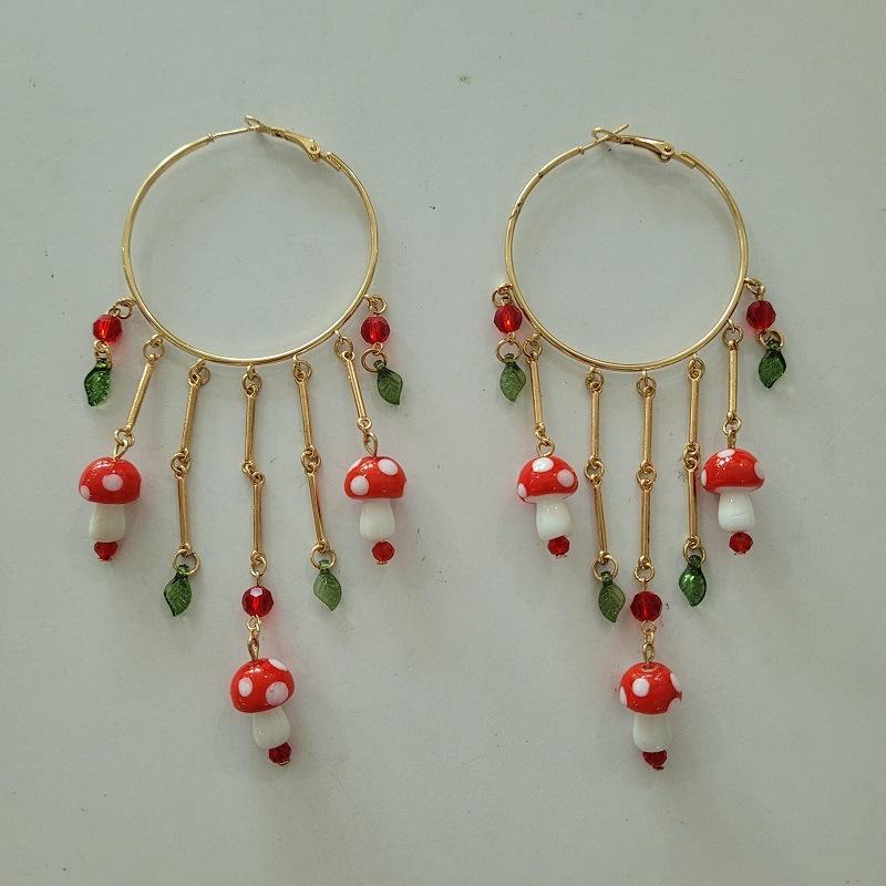 Accessories Mori Style Mushroom Leaf Earrings, Exaggerated Large Earrings, Cherry Pendant, Fringed Earrings.