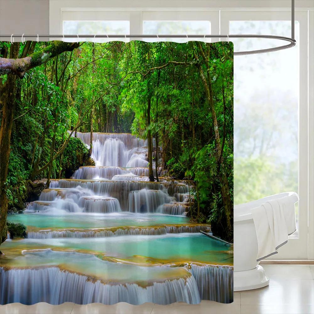 Tropical Forests Shower Curtain Aesthetic Woods Bird Fabric Bathroom Curtain Natural Scenery Home Decor Bathroom Accessories Set