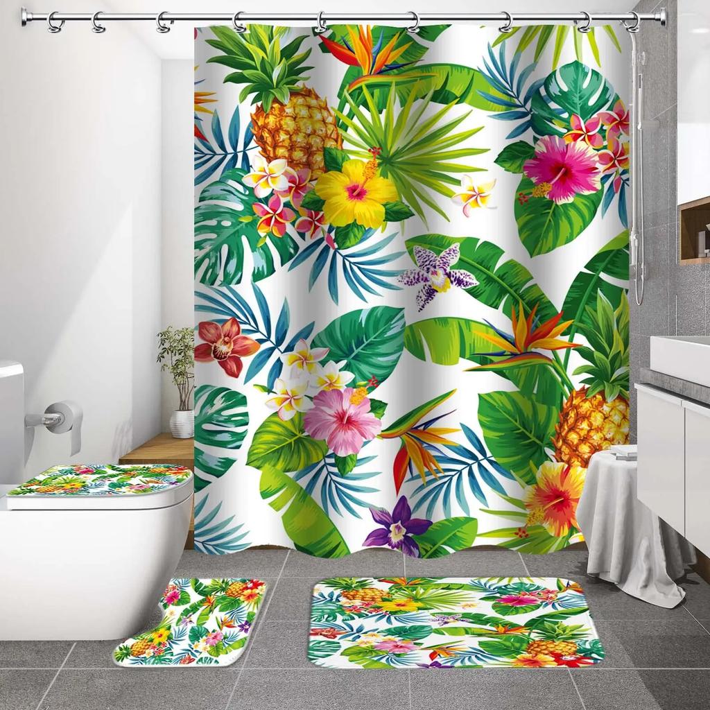 Elegant Leaves Big Flowers Print Shower Curtain With Hooks High Quality Waterproof Bathroom Curtain Bath Mat Set Home Decoration