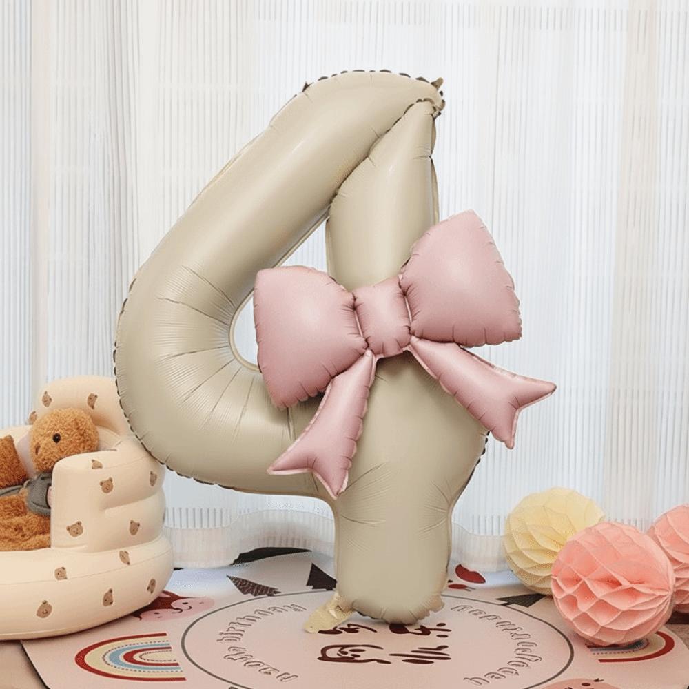 40 Inch Number 0-9 Balloon Cream White with Light Pink Bow Aluminum Foil Balloons New Year Decorations Birthday Party Balloons