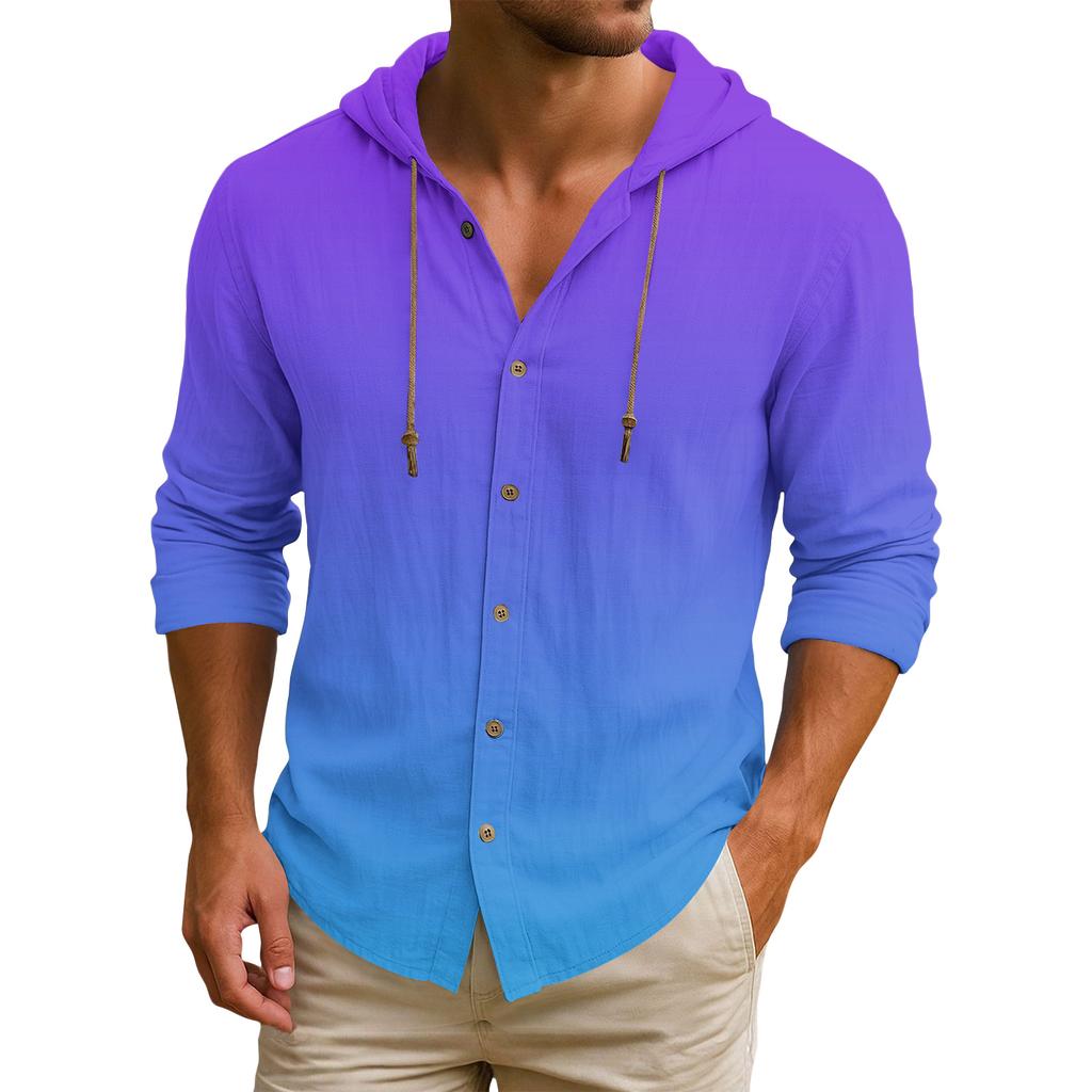 Men's Hooded T-shirt Gradient Color Cotton And Linen Men's Casual Long-sleeved Top