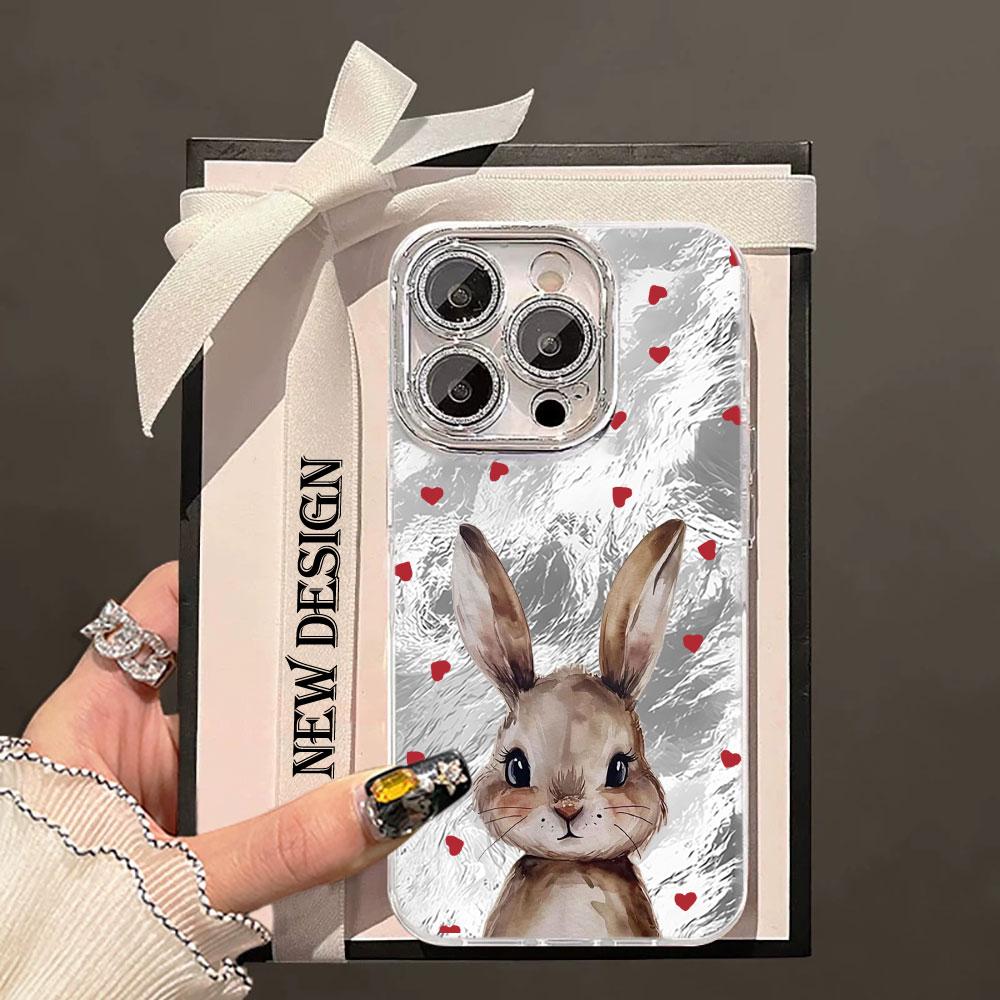 Cute Love Heart Rabbit Glacier Texture Case For iPhone 17 Air 16 15 14 13 12 11 Pro Max Plus 16E With Glass Lens Protector Cover