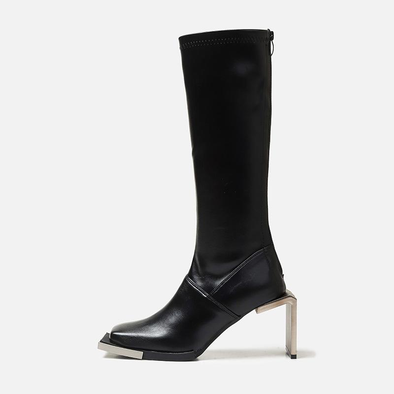 Fashion Metal Decor High Heel Platform Boots Slim All-Match Women Short Boots knee boots Leather Mid Tube Boots Retro fashion