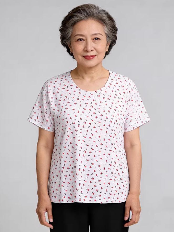 Women's Plus Size Floral Cotton T-Shirt - Summer Short Sleeve for Middle-aged & Elderly