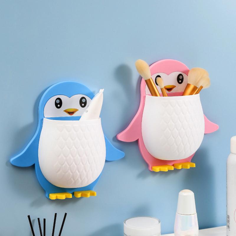 Cute Cartoon Penguin Wall Mounted Storage Holder With No Drill Installation Perfect For Bathroom Toothbrush Toiletry Organizer