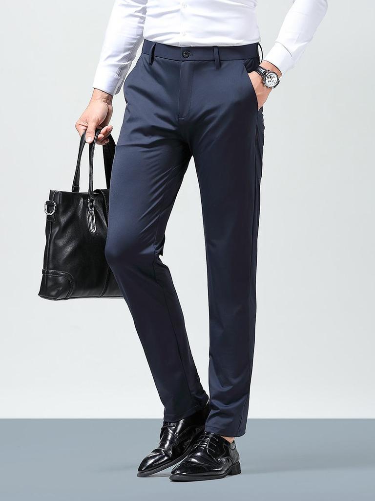 Men's Summer Casual Ice Silk Pants - Lightweight, Straight-Leg, High Elasticity Suit Trousers for Young and Middle-Aged