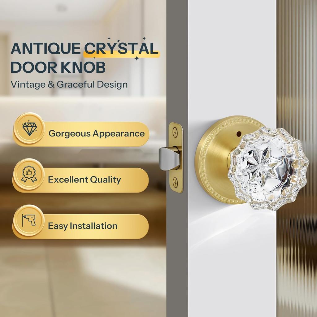 Privacy Crystal Door Knob, Gold Vintage Crystal Door Knob with Privacy Lock, Glass Doorknob Interior for Bathroom, Bedroom, Satin Brass