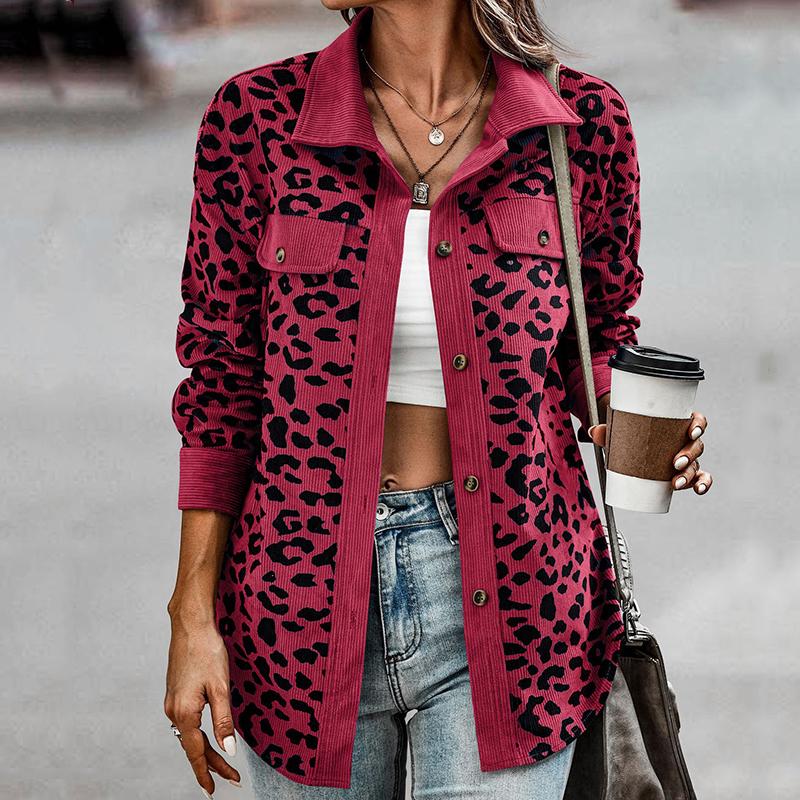 Modischer Jackenmantel mit Leopardenmuster für Damen, mit Kragen, langen Ärmeln, Knopfleiste, lässiger Mantel mit Tasche aus Cord, weich, bequem, lockere Herbst-/Winterjacke