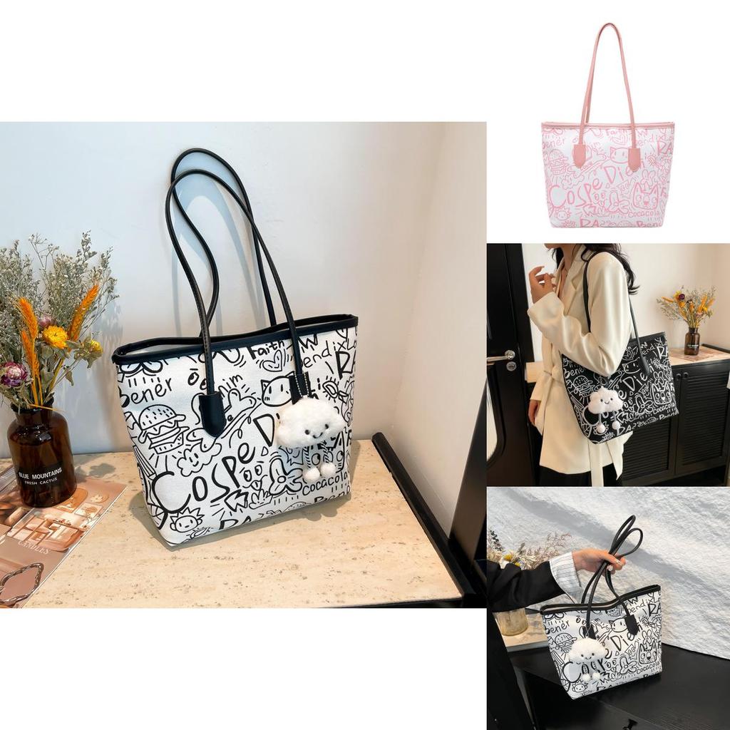 Street Fashion Graffiti Tote Bag For Women Pu And Fabric Blend Large Capacity Zip Closure Phone Pocket Daily Commute Essentials