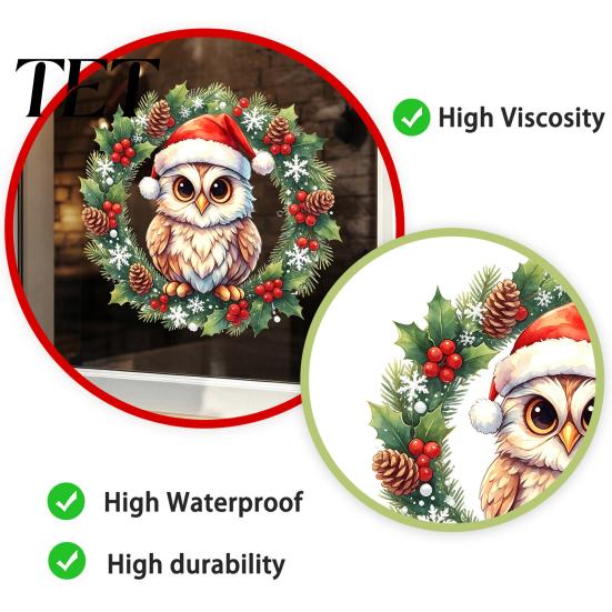Creative Gift for Friends Christmas Owl Wreath Static Window Cling, Winter Holiday Glass Sticker, Removable Decals No?Glue Reusable Decal Home Shop