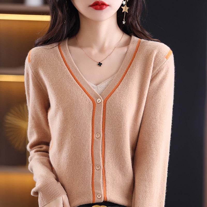 Women's V-Neck Color-Block 100% Wool Cardigan - Loose, Versatile, and Stylish for Autumn/Winter 2025