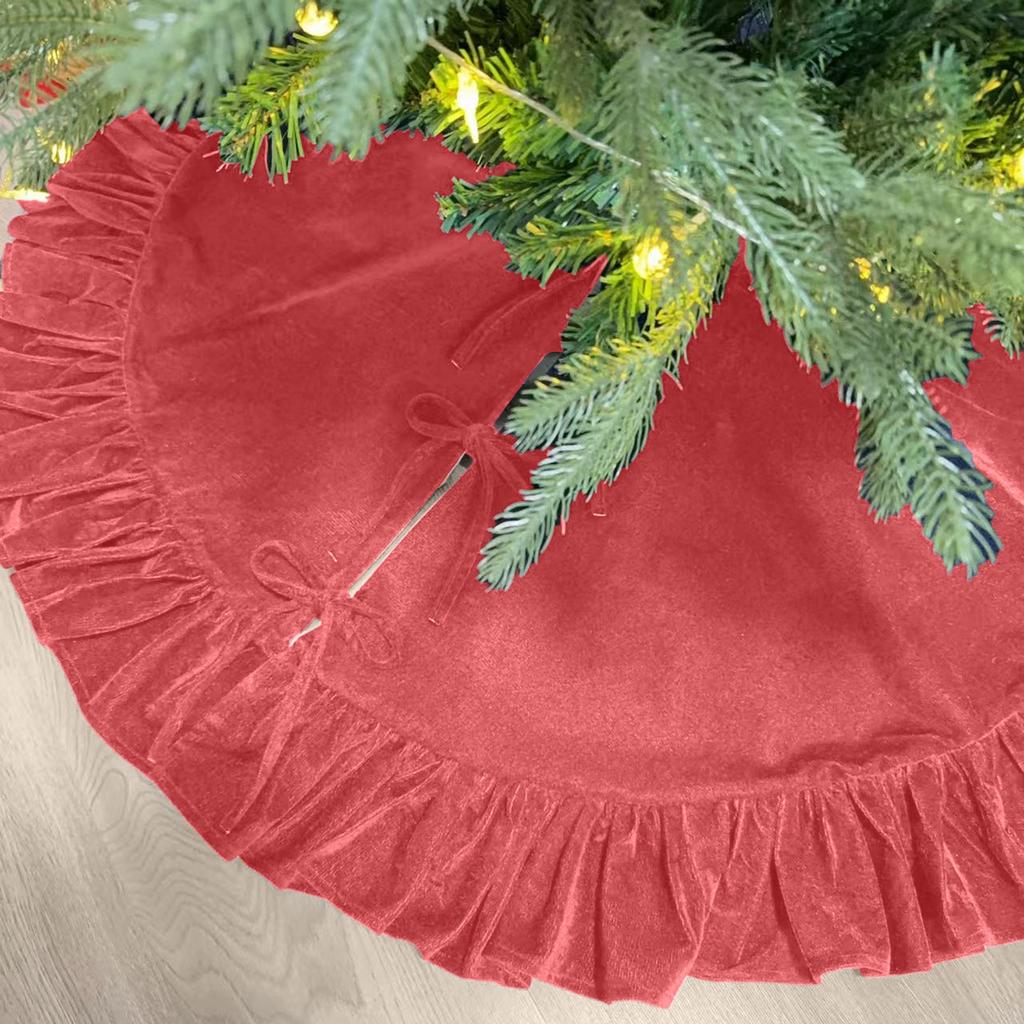 Velvet Christmas Tree Skirt with and Lace Trim, Holiday Party Home Decoration